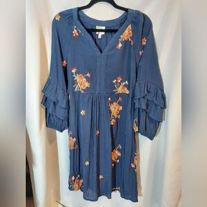 Fig and Flower Boho Navy Embroidered Midi Dress With Ruffled Sleeves